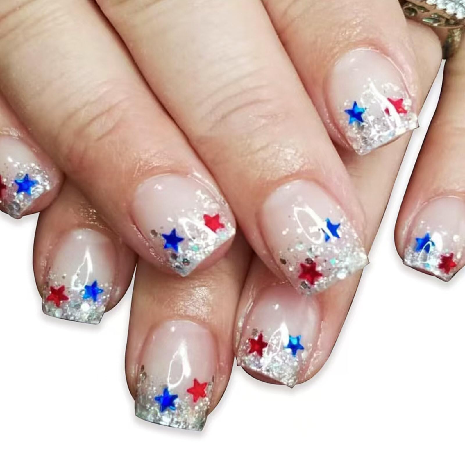 4th of July Press on Nails Short Square Fake Nails White Glitter False Nails with Star Designs July 4 Nails Glossy Full Cover Stick on Nails