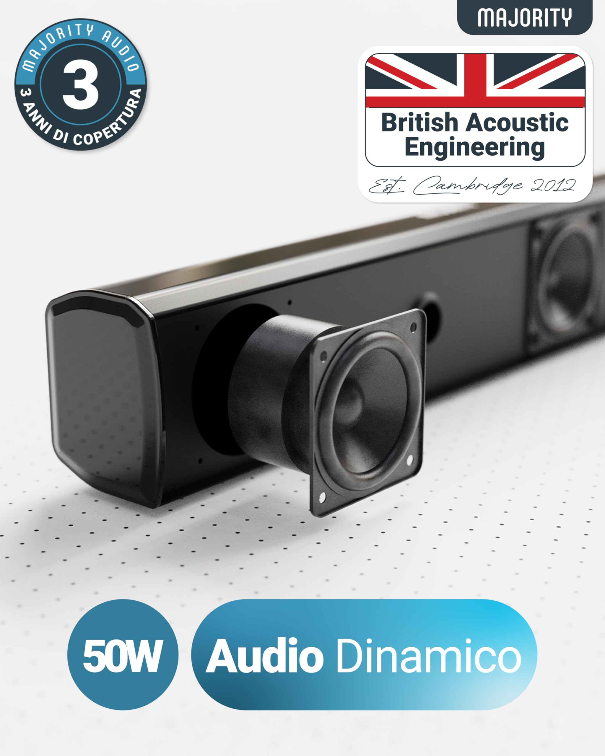 Majority Barra Soundbar Bluetooth | 50 Watt 2.0 Sound Bar Televisore e PC | Casse per TV con ottica, RCA, USB, MP3 e AUX | Soundbar per PC | Compatto e Senza Fili Bowfell