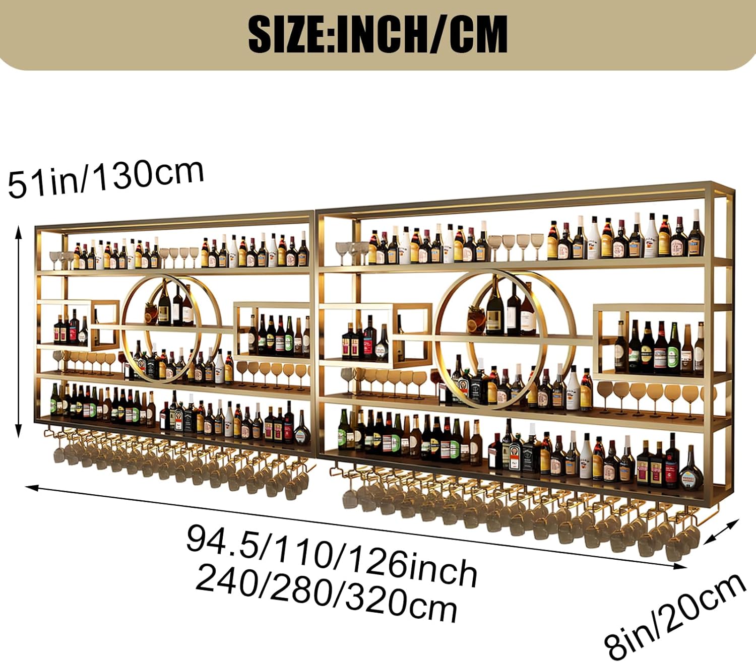 94.5in Large Wall Mounted Wine Rack, Modern Metal Wine Bottle and Glass Holder, 4-Tiers Liquor Bottles Floating Shelves Display Storage for Home Bar & Dining Room Decorative (Gold, 94.5 * 8 * 51INCH)