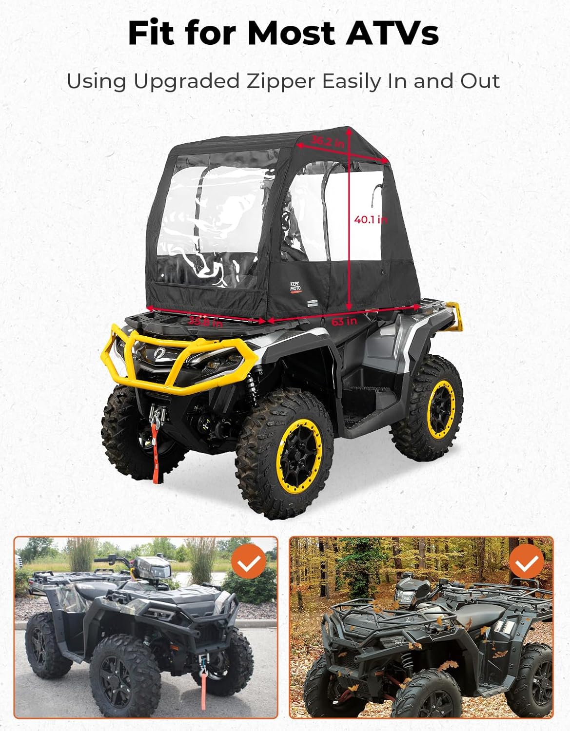 KEMIMOTO Universal ATV Cab Enclosure, Warm ATV Canopy Cover, Winter Full Vision Heavy Duty 4 Wheeler Cabin Cover Compatible with Polaris Sportsman Fourtrax Can-Am Kawasaki Arctic Cat CFMOTO