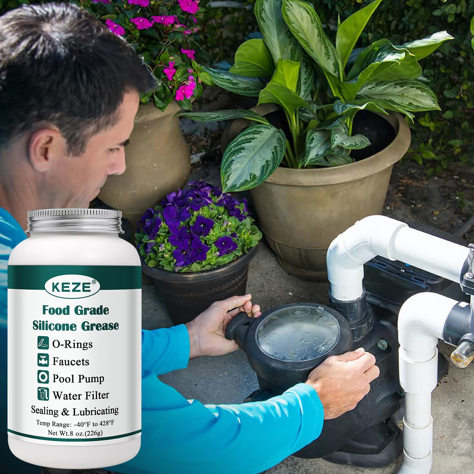 KEZE Lubrifiant pour joint torique de piscine, graisse silicone imperméable de qualité alimentaire pour robinets, filtres de piscine, joints de tuyaux, vannes, 8 oz.