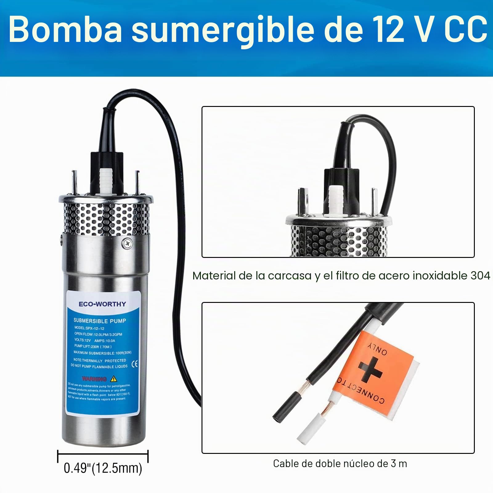DCHOUSE Bomba Sumergible De Acero Inoxidable De 12 V, Elevación Máxima De 230 Pies, Bomba Sumergible Máxima De Agua De Pozo Profundo De 100 Pies, Bomba De Agua Con Energía Solar