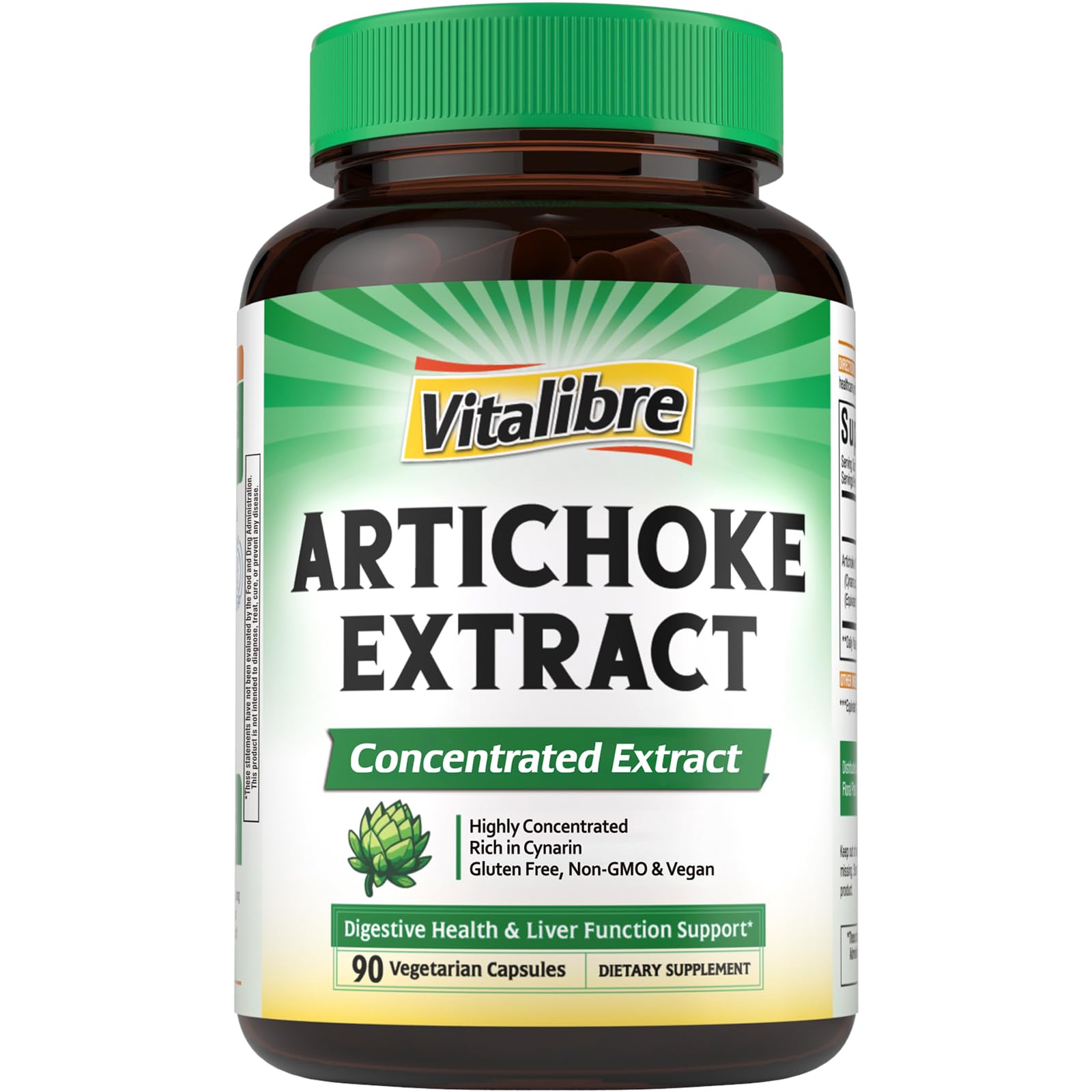 Vitalibre Artichoke Extract, 600 mg of Artichoke Leaf Extract, Non-GMO, No Gluten, for Digestive Health & Liver Function, 90 Capsules