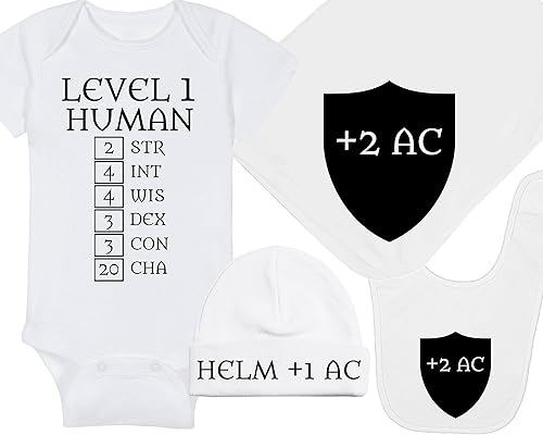 Vista 25 de Nivel 1 humano con puntuaciones de habilidad - Mameluco para bebé para juegos - Sombrero - Manta - Combinaciones de paquete de babero Black Fabric