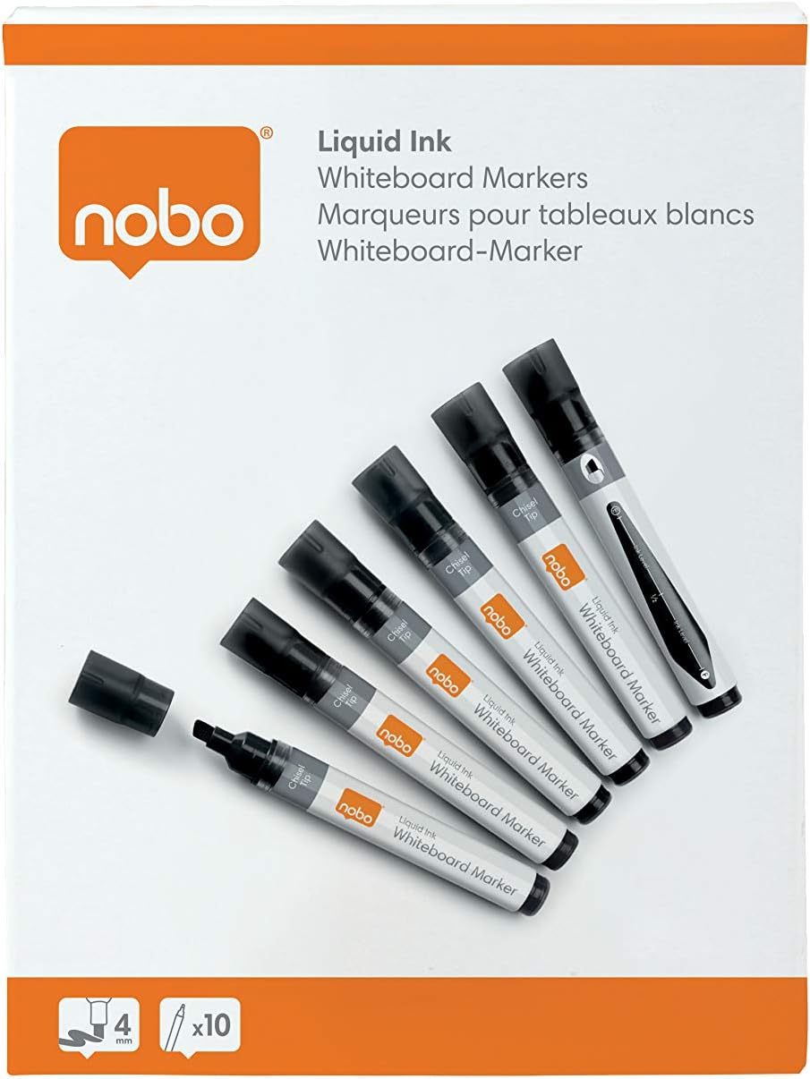 Nobo Liquid Ink Drywipe Whiteboard Pens, 4 mm Chisel Tip, Pack of 10, 1915382, Coloured