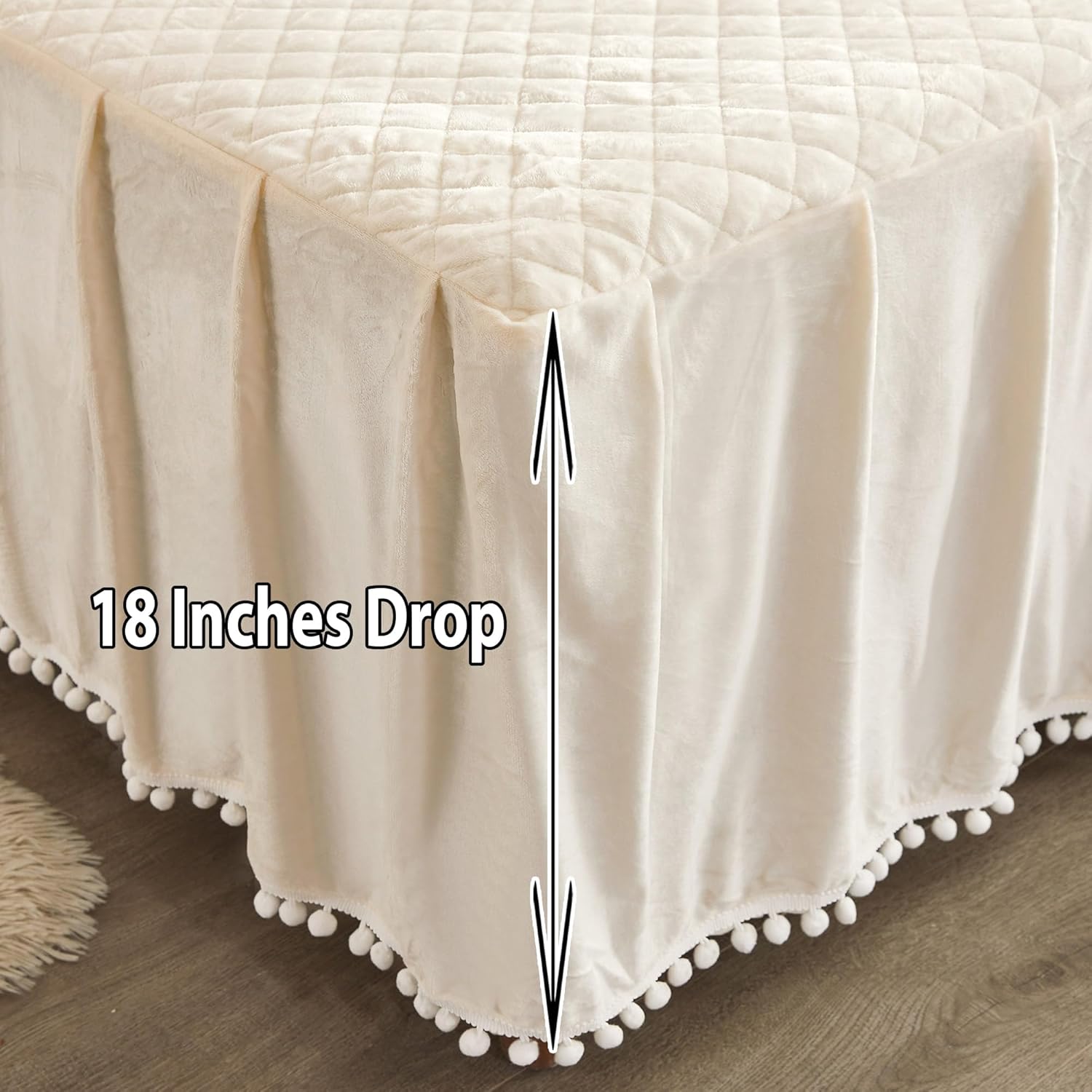 LIFEREVO Luxury Pom Poms Velvet Bed Skirt, Velvet Wrap Around Bedspread, Ivory Quilted Fitted Bed Sheet with Bedskirt, 18 Inch Drop Dust Ruffle Decorative Bed Skirt Pompoms Fringe(Full/Queen, Beige)