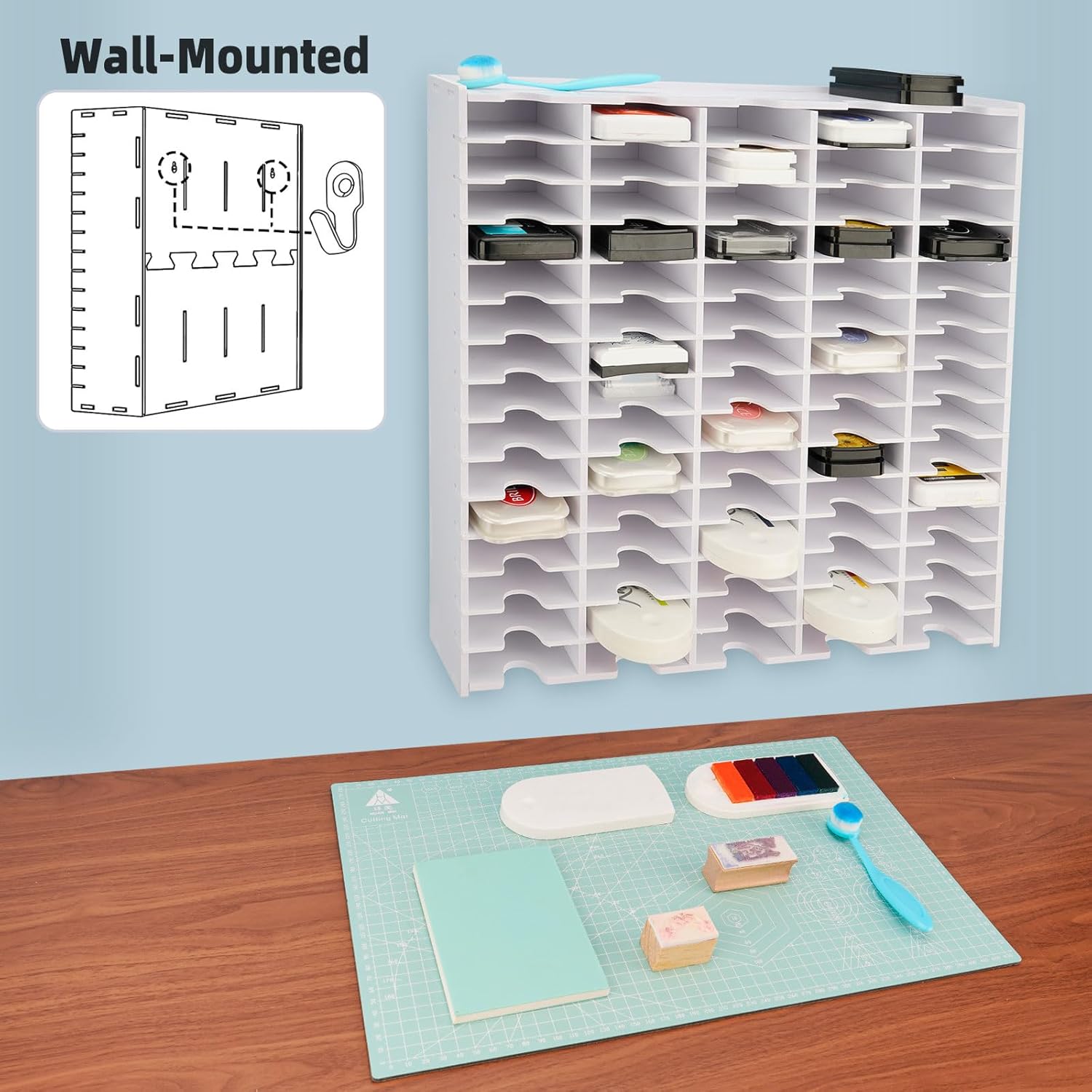 Sanfurney 75 Slots Ink Pad Storage Holder Stamp Pad Organizer Rack for Slim Size Ink Pads, Craft Supply Organizer Holder for Desktop, Wall-Mounted
