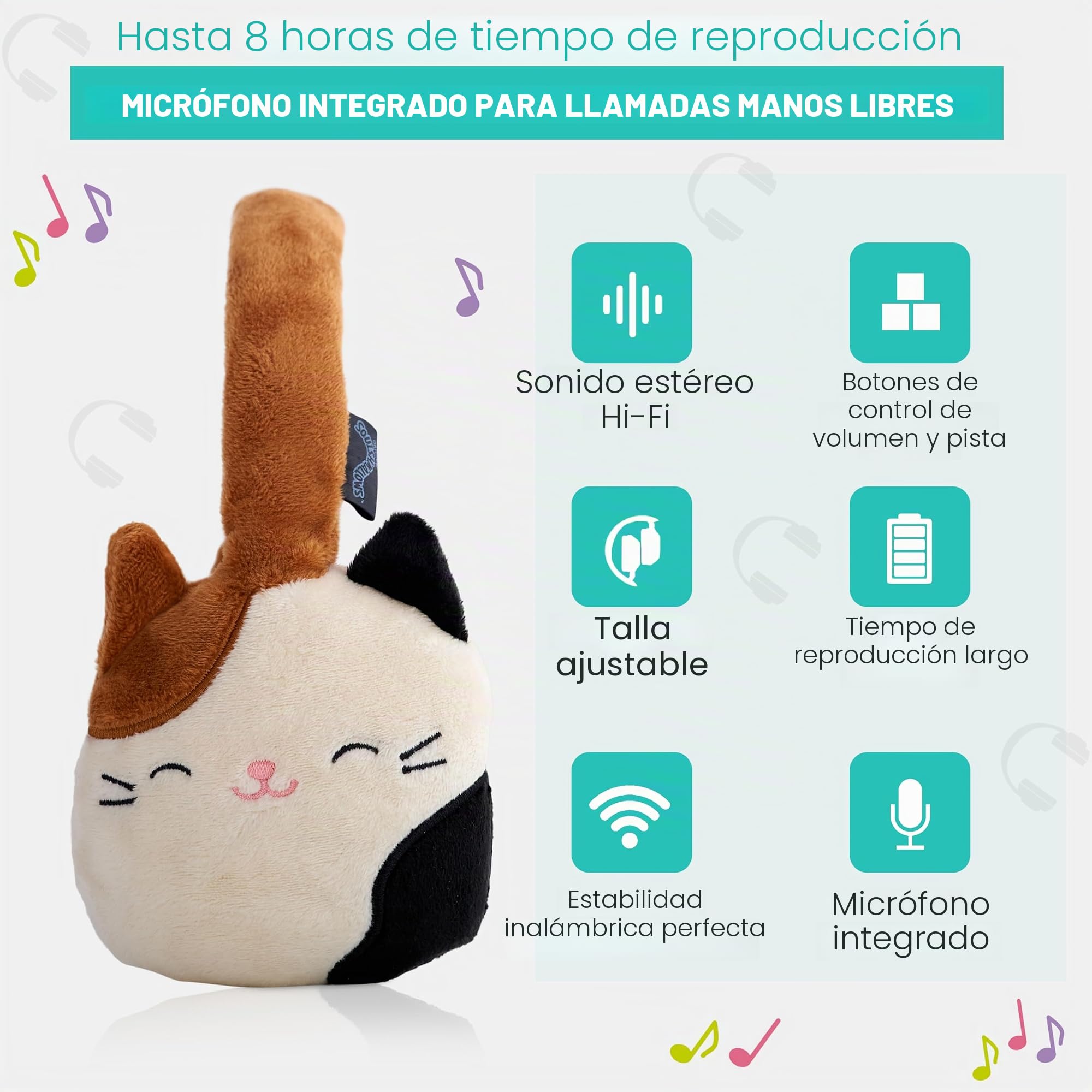 Squishmallows CAM The Cat - Auriculares Bluetooth de Felpa con micrófono Integrado para Hacer y Recibir Llamadas. Rango Bluetooth de 10 Metros, Control de Volumen, Almohadillas de Felpa Suave con