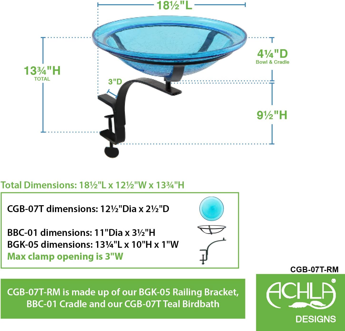Achla Designs CGB-07T-RM 12 Inch Crackle Rail Mount Bracket Birdbath, Teal, Black
