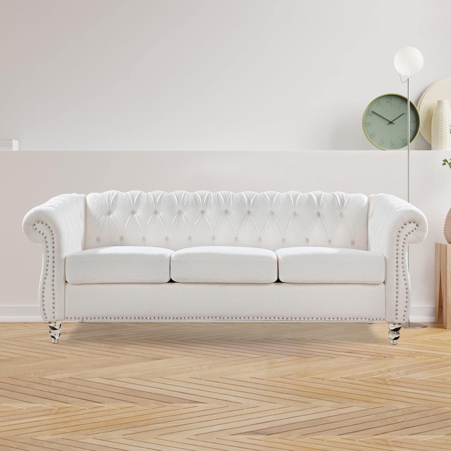 White Velvet Couches for Living Room 3-Seater Chesterfield Sofa Tufted Sofa Furniture Couch Nailhead Upholstered Couches Minimalis Light Luxury Easy to Assemble