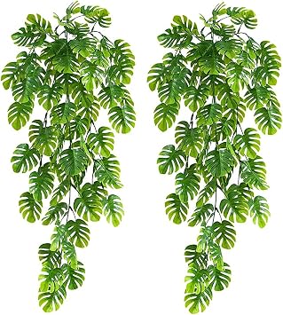 2Pcs 70cm Artificial Hanging Plants Monstera Palm Leaves Plastic Fake Ivy Plants Greenery Plants for Indoors & Outdoors Decoration Hanging Pot Basket Garden Wedding Farmhouse Aesthetic