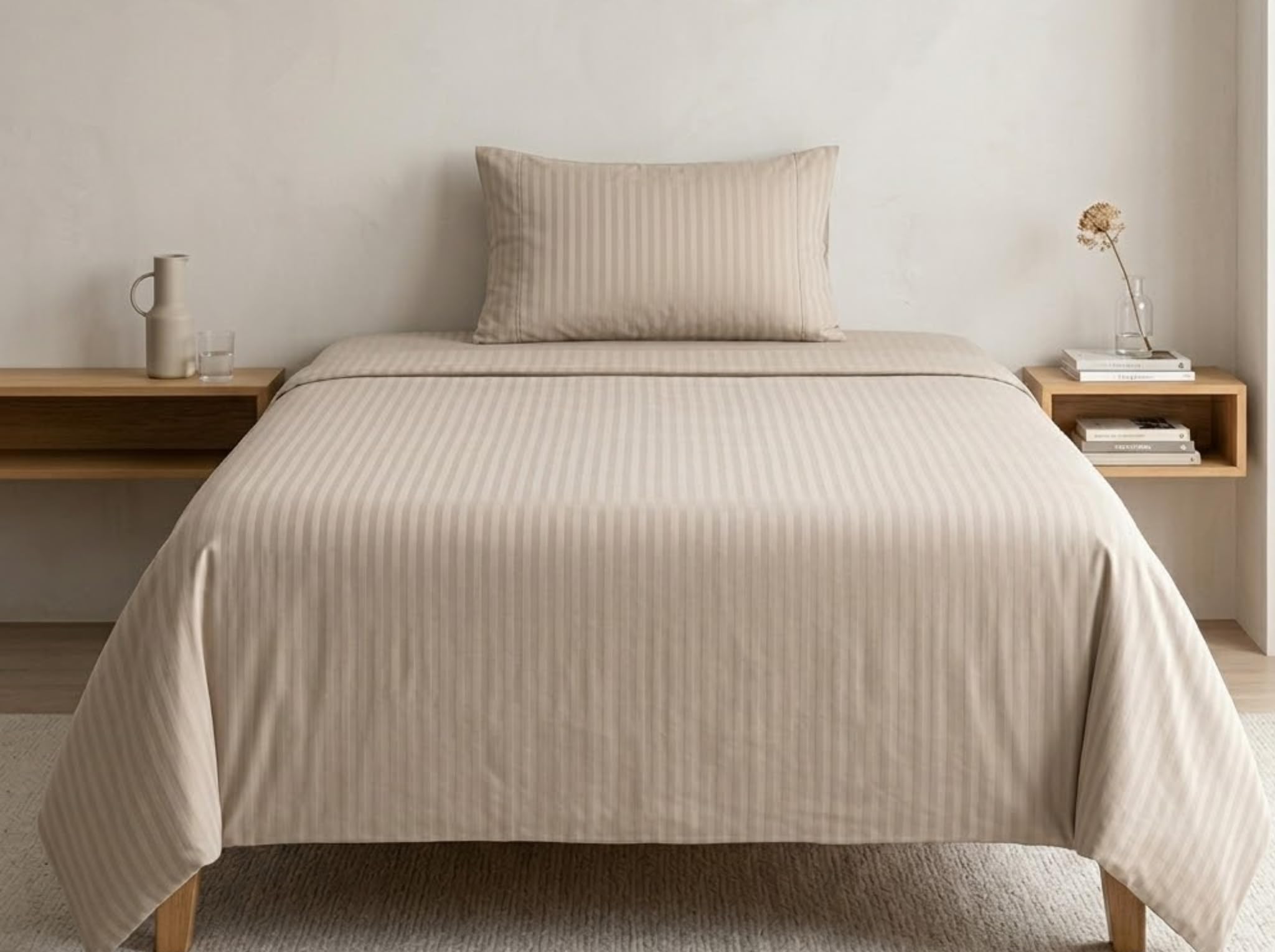 Elegance Series (60x90 inches) Bedsheet with 1 Pillow Covers | Luxury Striped Cotton Blend Bedsheet Set | Soft, Breathable & Hotel-Style Finish | TC 200 (Beige)-image-16