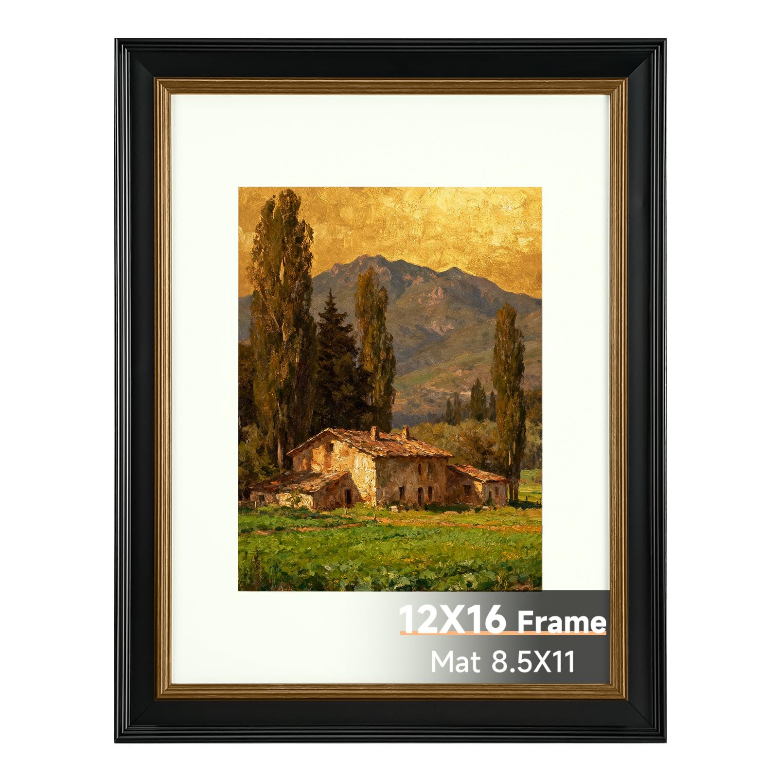 Photo 1 of 12x16 Black Picture Frame, 12 x 16 Vintage Photo Frame with Plexiglass, Antique Style Picture Frames for Wall & Tabletop, Display Poster 8.5x11 with Mat or 12x16 without Mat, Black with Gold Trim