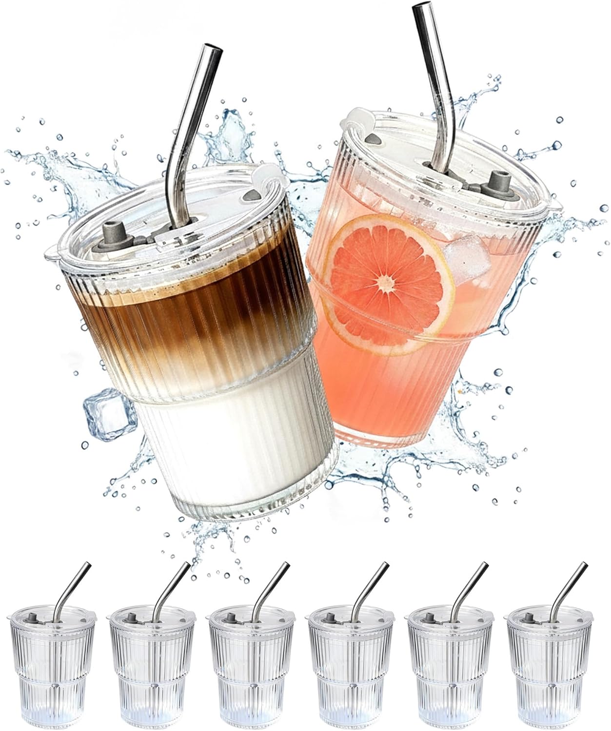 8 Packs Ribbed Glass Tumbler with Lid and Straw Ice Coffee Cup Kitchen Gadgets First Apartment Essentials New Home Must Haves Things Stuff Accessories House Warming Housewarming Hostess Host Gift