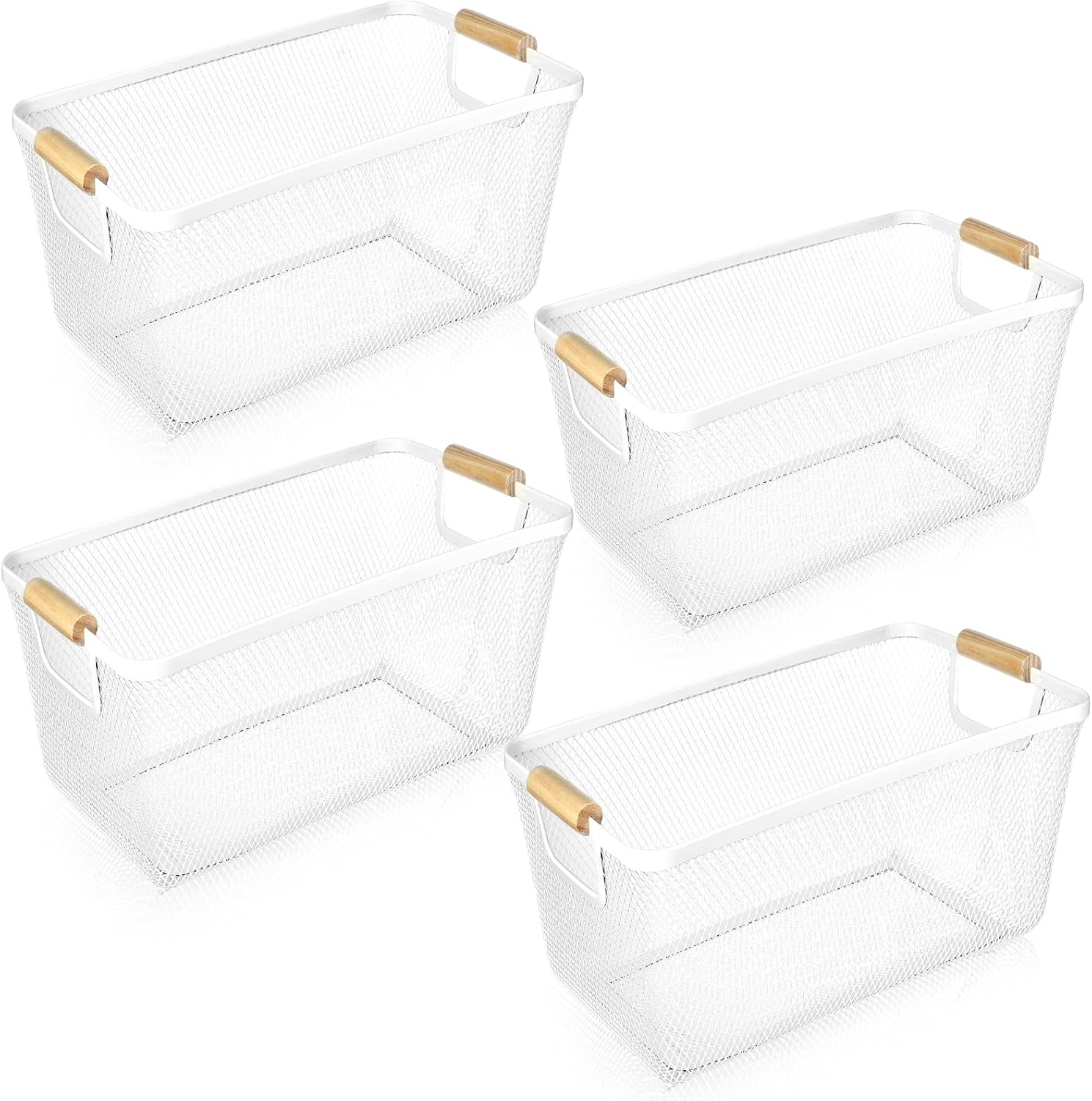 4 Pcs Metal Wire Basket with Wooden Handles Mesh Steel Storage Organizer Bin Containers for Home Organizing Cabinet Pantry Closet Kitchen Fridge Fruit Makeup Snacks Gifts(Large,Cream White) Large Cream White