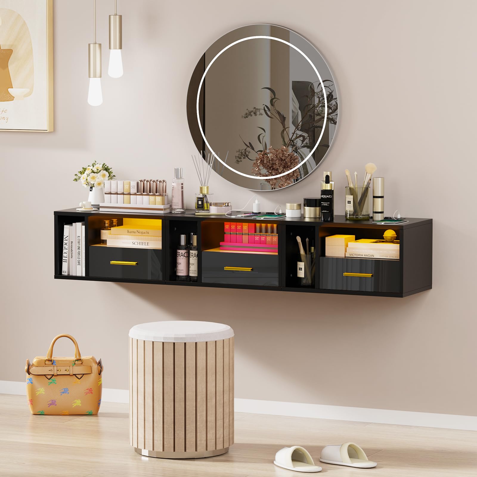 Nachttisch Hängend mit led, Nachttisch mit Ladestation, Nachtschrank Schwarz, Offenes Fach Und Einer Schublade, 46.5x30x25.5cm, 16 Farben LED, Modern, Wohnzimmer Schlafzimmer