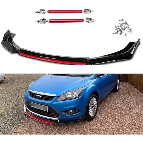 Xotic Tech Front Bumper Lip Chin Spoiler Splitter Diffuser Protector Body Kit with Adjustable 10"-13" Support Splitter Rod Compatible with Honda Accord Civic, Volkswagen MK5 MK6 MK7, Black w/Red
