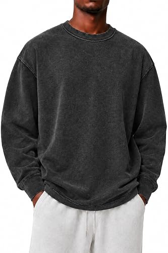 Crew Neck Long Sleeve Shirts for Men Vintage Washed Tops Casual Sweatshirts