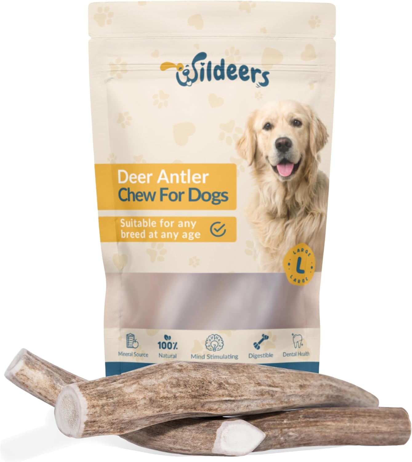 Wildeers Large Deer Antlers for Dogs - Premium Dog Antler Chews - Made in USA, Naturally Shed, Healthy Chew Treat - Grade A, 7-9 in, 2 Pieces, Long Lasting Antler Chew Bones for Aggressive Chewers