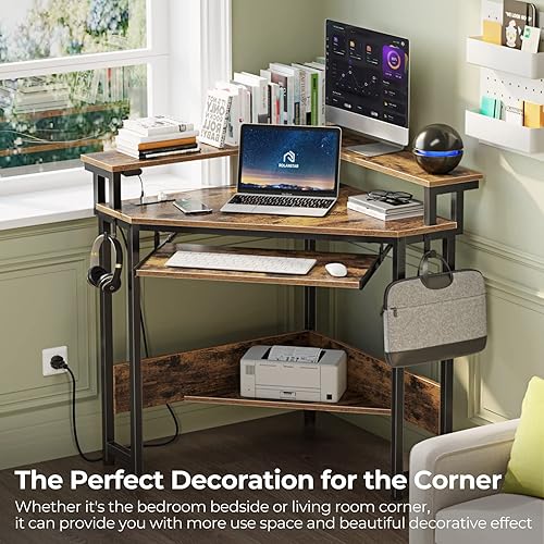 Miniatura 6 de Rolanstar Escritorio esquinero, 44.5 pulgadas de ancho x 34.5 pulgadas de alto, escritorio pequeño para computadora con tomas de corriente, Marrón