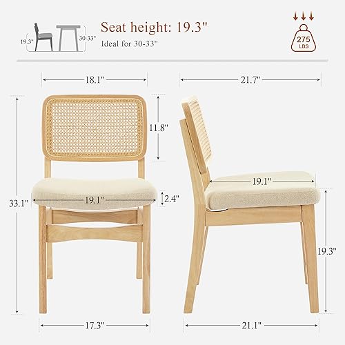 Miniatura 2 de Juego de 2 sillas de comedor de ratán, modernas sillas de comedor de granja con patas de madera maciza, sillas de cocina tapizadas con respaldo de