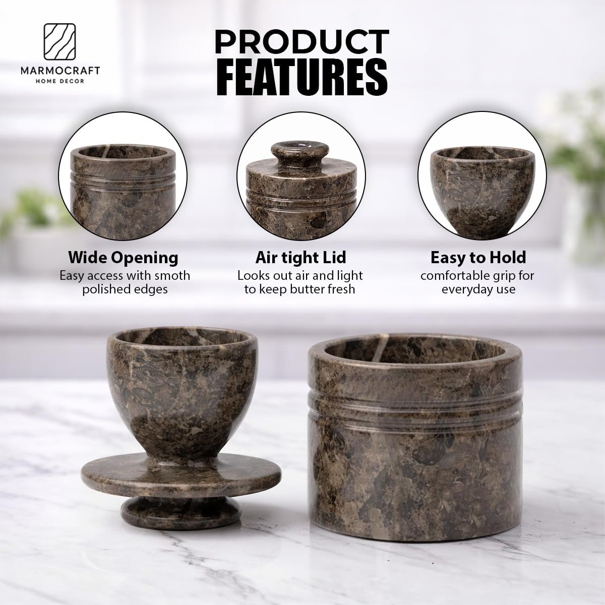 Marble Butter Keeper with Lid – Natural Stone French Butter Crock, Countertop Butter Dish Keeps Butter Soft & Spreadable, Kitchen Decor (Oceanic Stone)