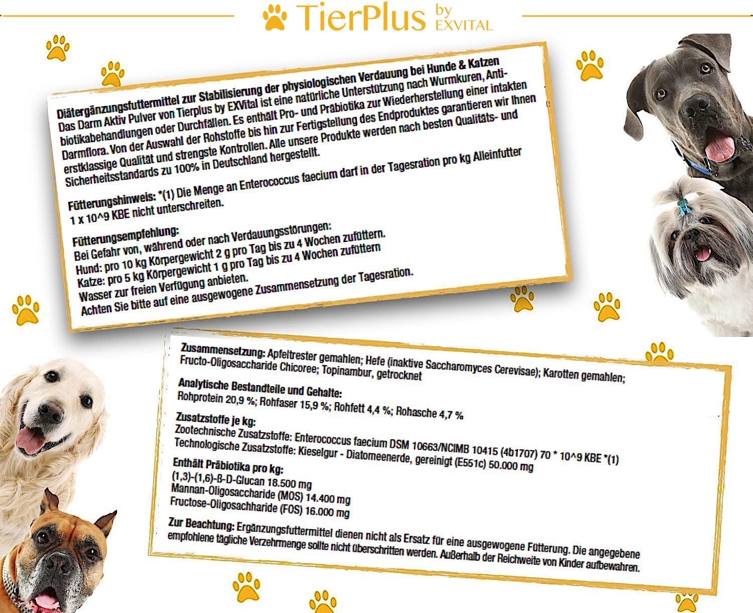 TierPlus Darm Aktiv Pulver für Hunde & Katzen, Probiotika & Präbiotika für eine gesunde Darmflora- Nach Durchfall, Wurmkur, Antibiotika & Magen- Darm