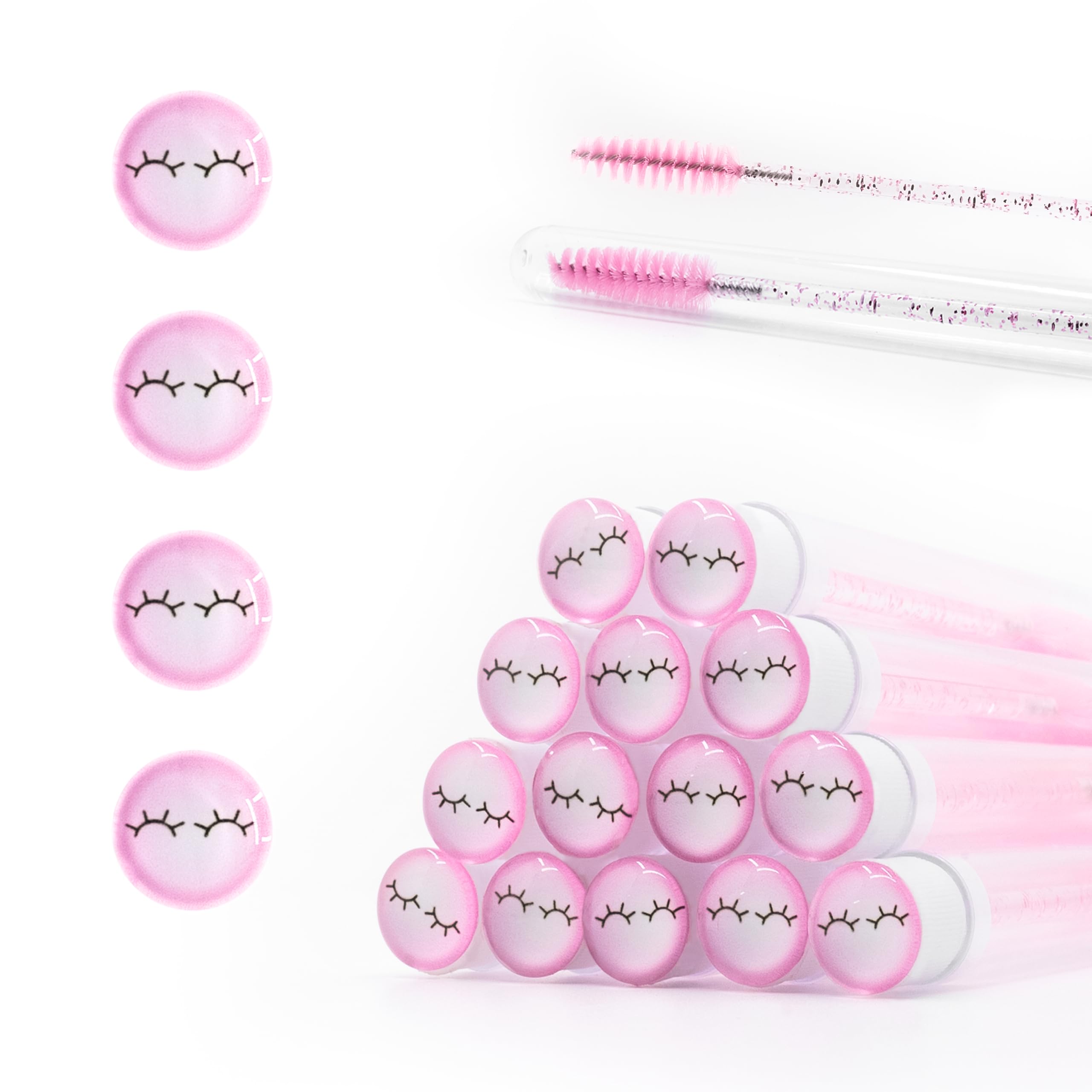 i-Laesh 20Pcs Diamond Pink Disposable Mascara Wands with Tube - Spoolies for Eyelash Extensions, Cleaning & Brow Makeup - Applicator Set (Cute Lash)