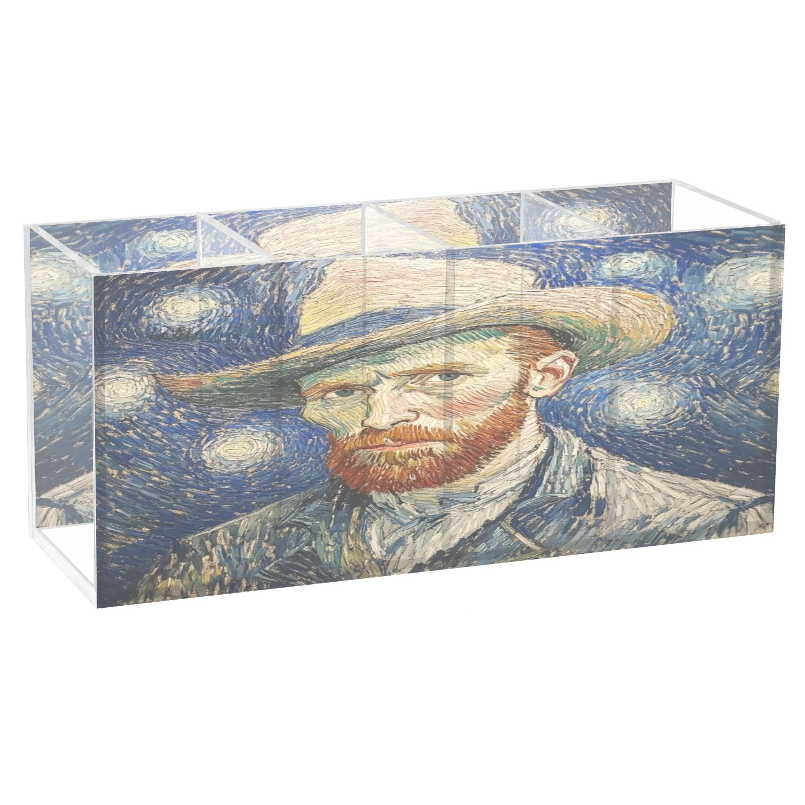 Ttgoth Van Gogh Starry Night Acrylic Pencil Holder for Desk 4 Compartments Pen Pot Makeup Brushes Holder Stationary Organiser for School Office Supplies, 20x6.3x9cm