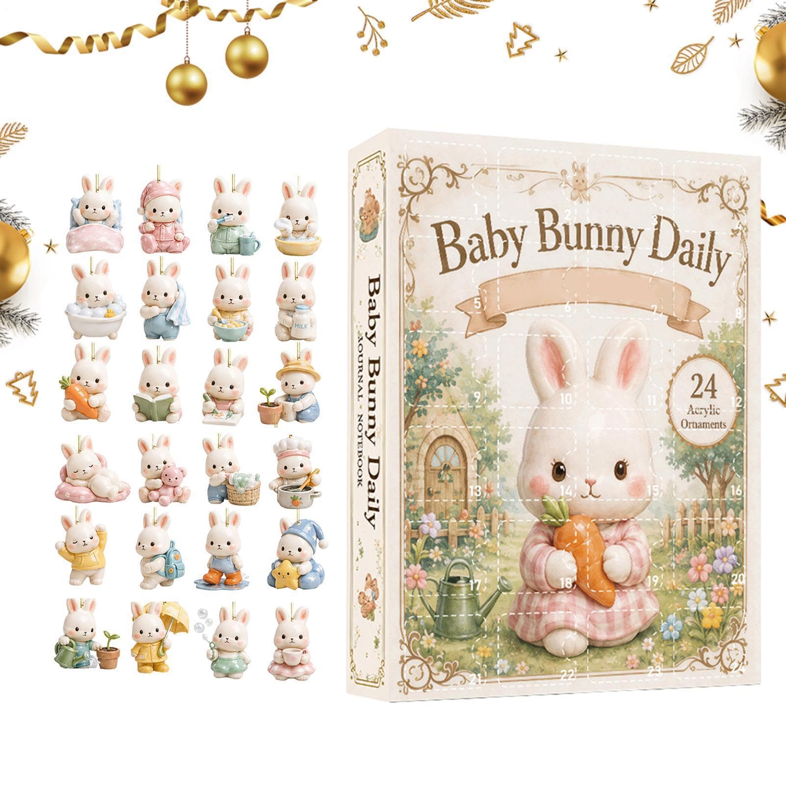 Weihnachtskalender Advent 2026 2D Flach Acryl Bunny Ornament Decor | 24 Days Christmas Bunny Ornaments for Adults Kid Office Indoor Holiday Bedroom