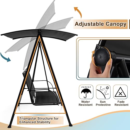 Miniatura 6 de Tangkula Columpio de porche para 2 personas, columpio de patio con toldo ajustable, asiento de tela cómodo y marco de acero resistente, columpio