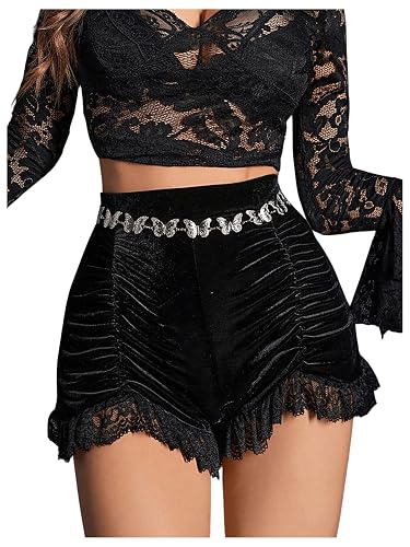 WDIRARA Women's Velvet Contrast Lace Ruched High Waist Gothic Shorts