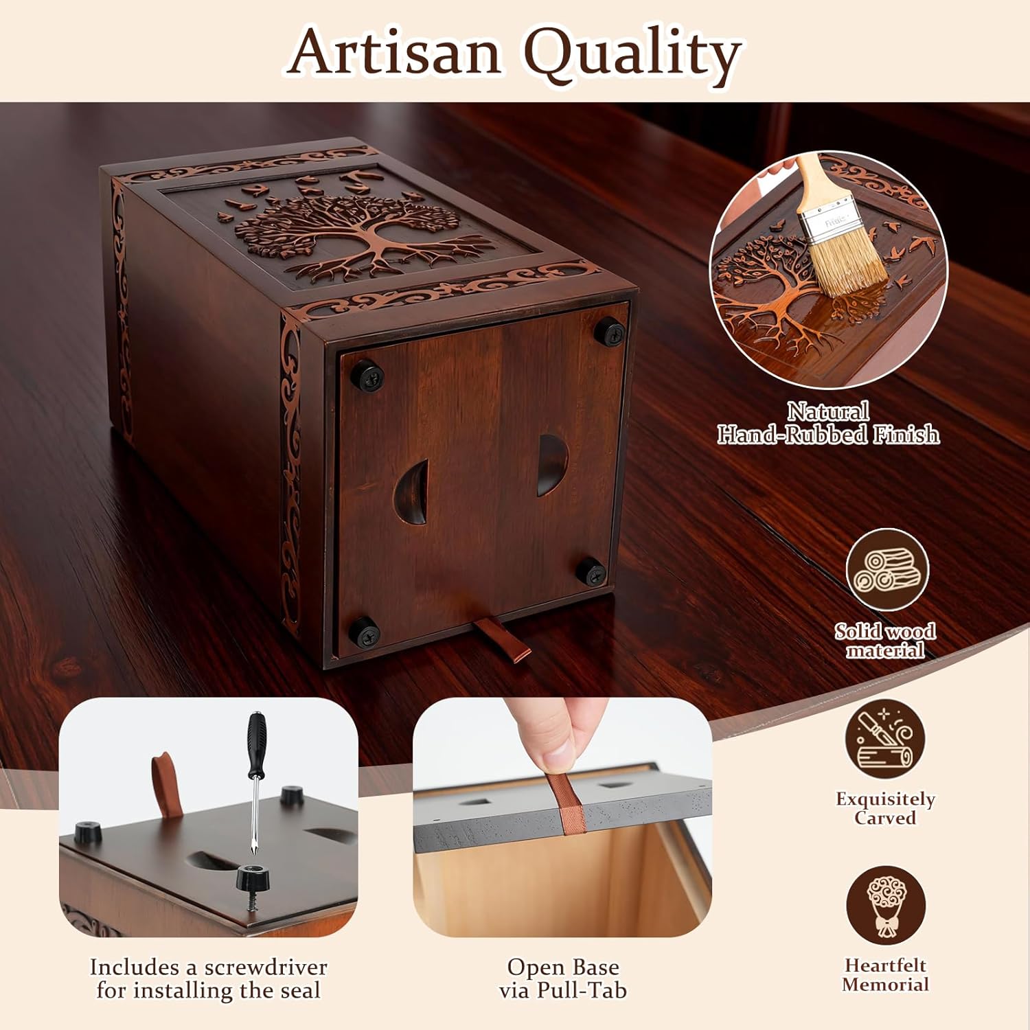 Handcarved Wooden Cremation Urn for Human Ashes Adult Men and Women, Tree of Life Engraved Design, 250 lbs Capacity, Decorative Funeral Urn Box with Satin Bag for Burial Memorial-Tree of Life - Image 4