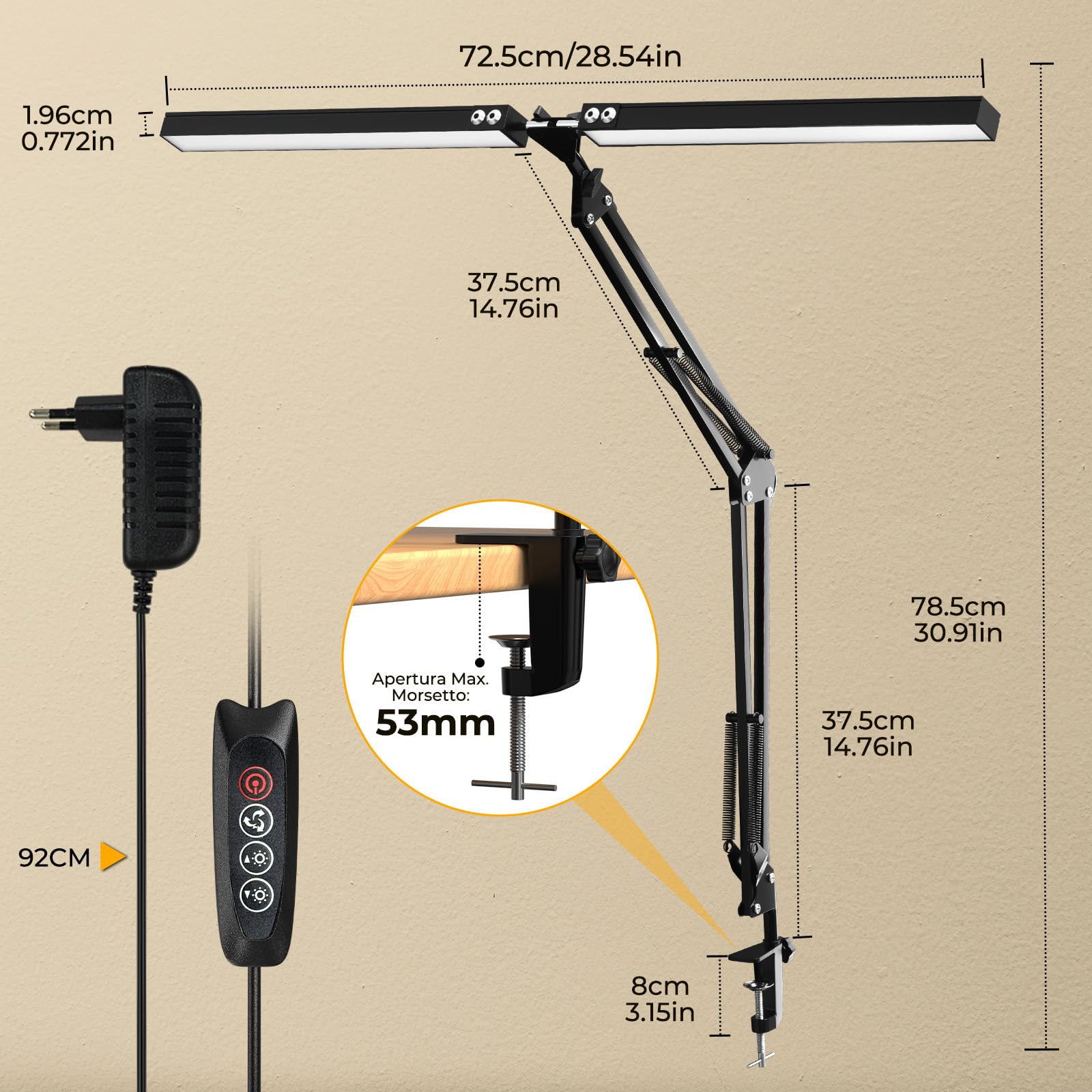 Lustaled Lampada da Scrivania LED Doppia Testa con Pinza 20W Dimmerabile | 3 Colore & 10 Luminosità, Rotación 360°, 2000LM Potente, Nera Luce Scrivania Monitor con Filo per Ufficio, Lettura, Studio