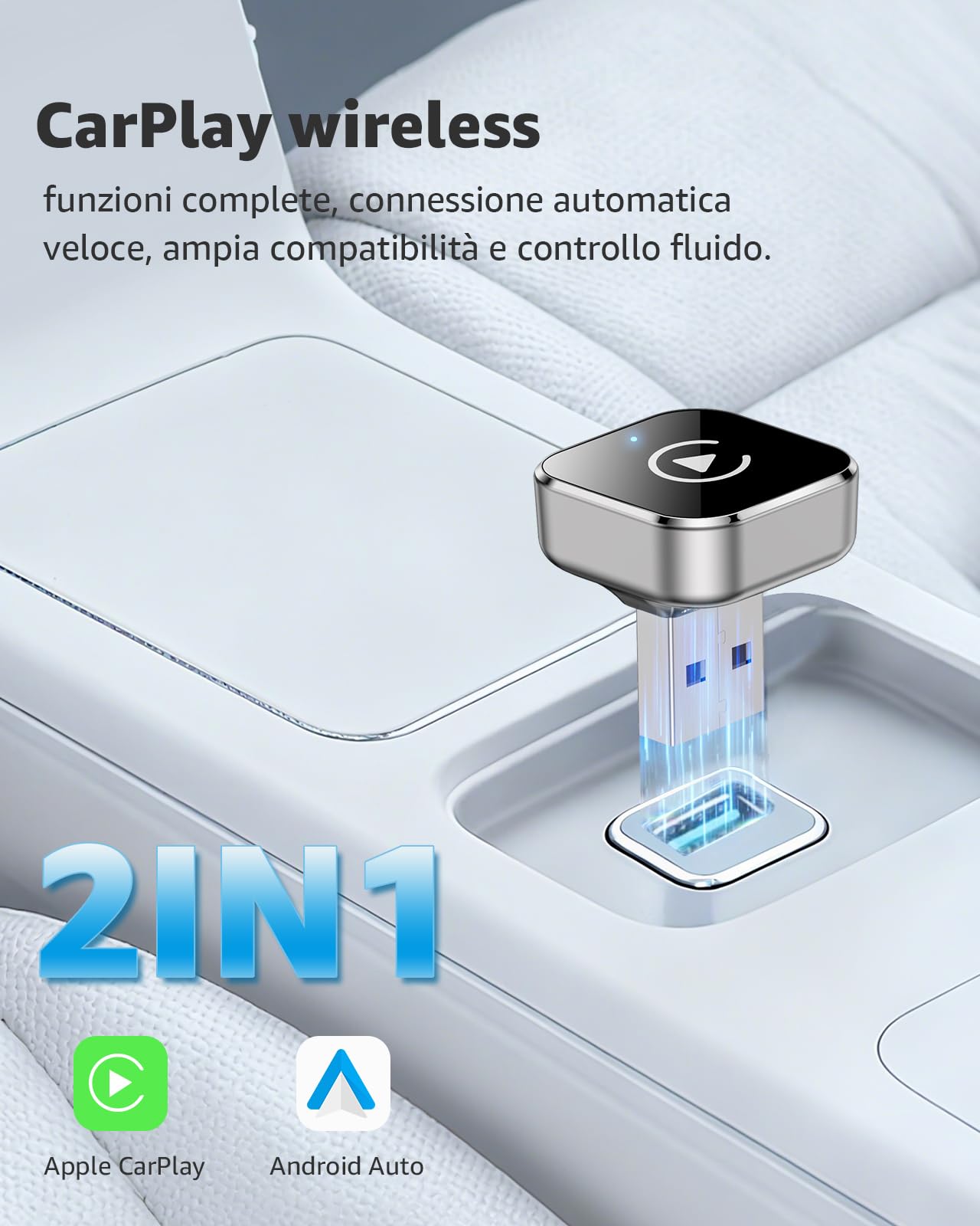 Adattatore Wireless CarPlay e Android Auto, USB-C e USB-A Plug & Play, Convertitore da Cablato a Wireless, WiFi 2.4G/5G, Connessione Automatica, per iPhone iOS 10+ e Android 11+, Auto dal 2016, Nero