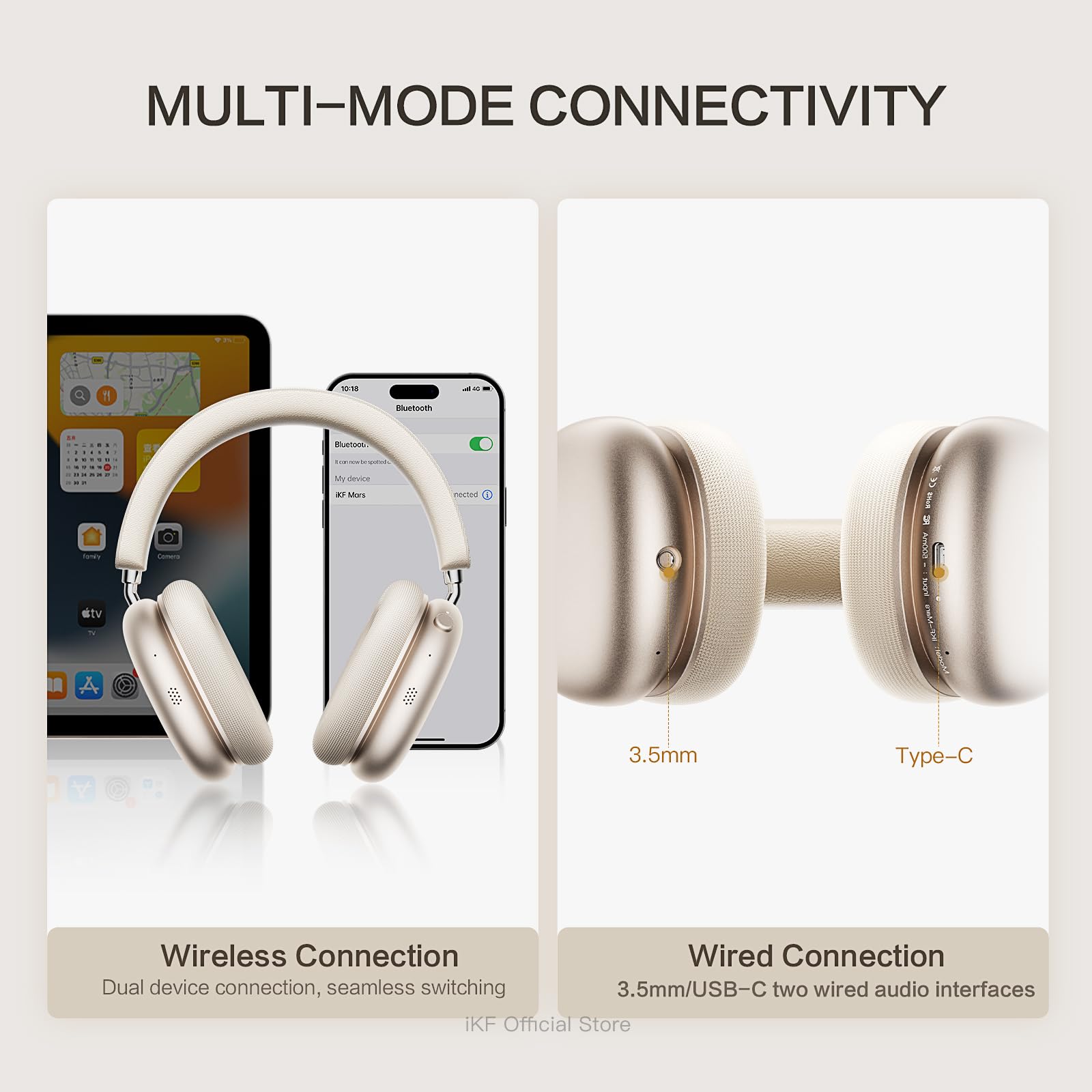 iKF Mars Casque Supra-Auriculaire sans Fil avec Adaptative du Bruit