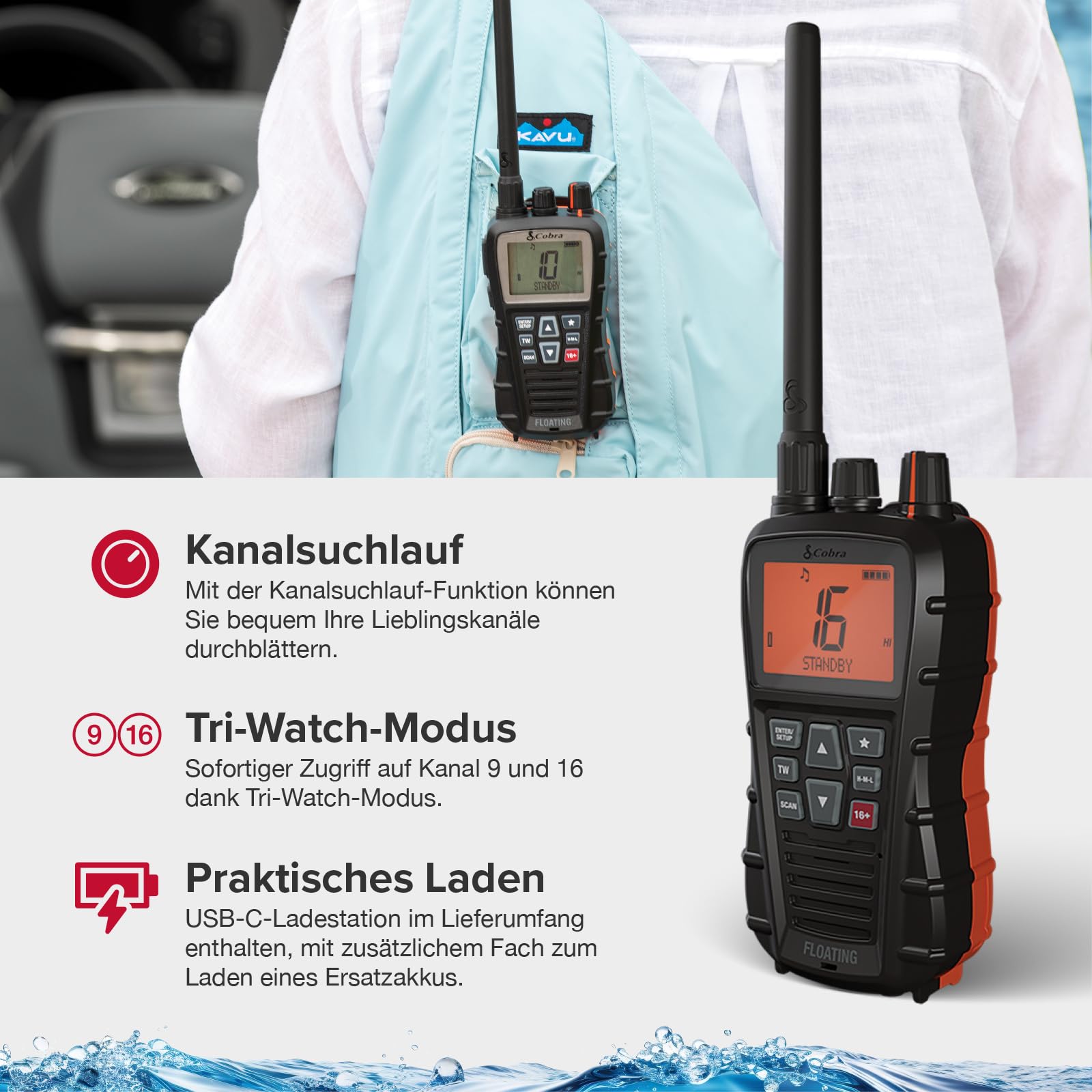 Cobra BlueBound 350 VHF Marine-Handfunkgerät – 6 Watt, schwimmfähig, Float n' Flash, IPX7, wasserdicht, Tag/Nacht-LCD-Display, Tri-Watch, schwarz, 1 Stück