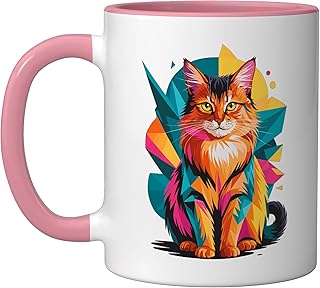 Abstract Art Somali Cat Somalis Fox Cats Ceramic Mug, Pink/White