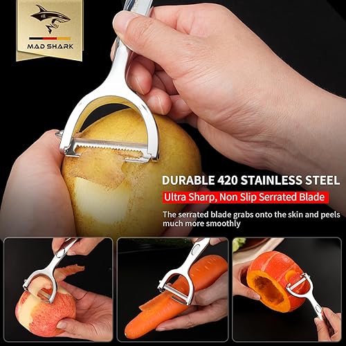 Miniatura 3 de MAD SHARK Peladores de verduras ultra afilados para cocina, frutas, manzanas, patatas, diseño con mango ergonómico antideslizante, acero inoxidable