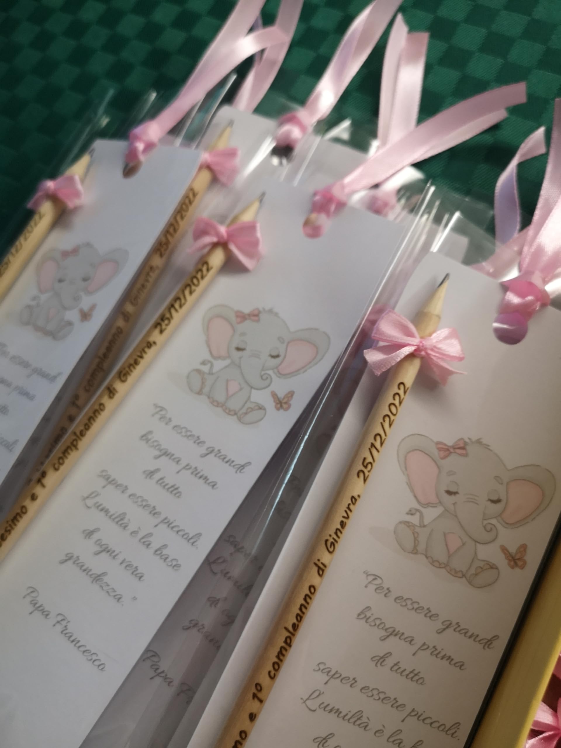 Segnaposto Battesimo Elefantino Rosa - Segnalibro Con Matita Personalizzata Nome E Data - 20x7 Cm