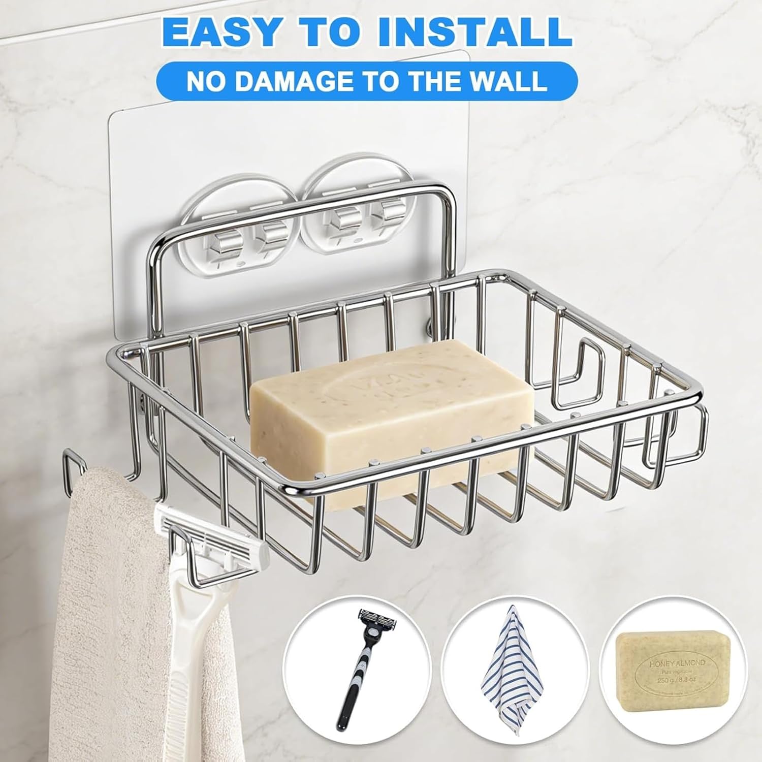 Suction Cup Soap Holder with Drain, 304Stainless Steel Soap Dish for Shower