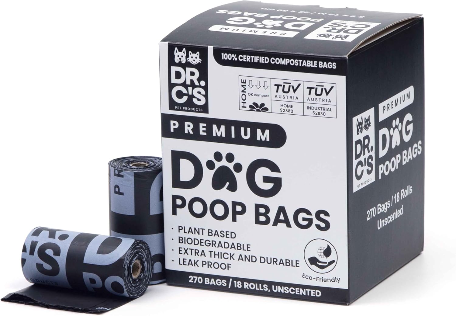 100% Certified Compostable Dog Poop Bags – Dr. C’s Premium Dog Poop Bags – 270 Bags / 18 Rolls, Extra thick, Leak Proof, Unscented, Plant Based and Earth Friendly