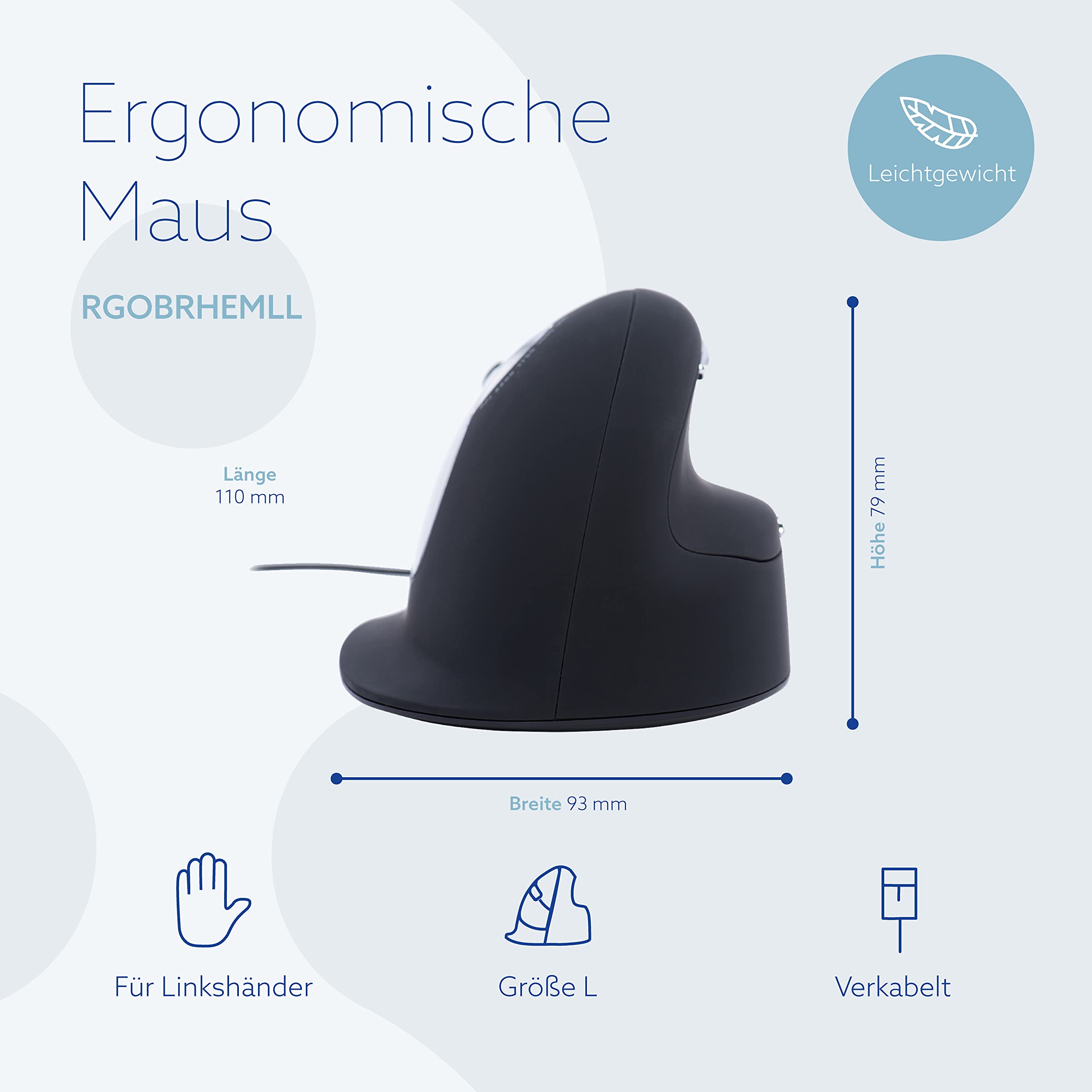 R-Go HE Break Maus, Ergonomische maus mit Anti-RSI-Software, Für linkshänder/Große hand, Vorbeugung Tennisarm, Vertikale ergo maus mit USB Kabel, 500/1500/2000/3500 DPI, 5 Tasten, Für Windows/MacOS