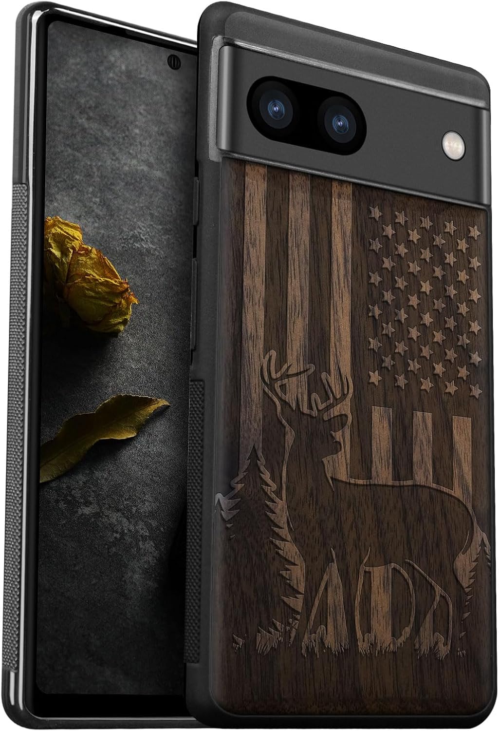 Carveit Wood Case for Pixel 8a Case [Natural Wood & Black Soft TPU] Shockproof Protective Unique Wooden Cover Compatible with Google Pixel 8a (Patriotic Deer Silhouette-Walnut)