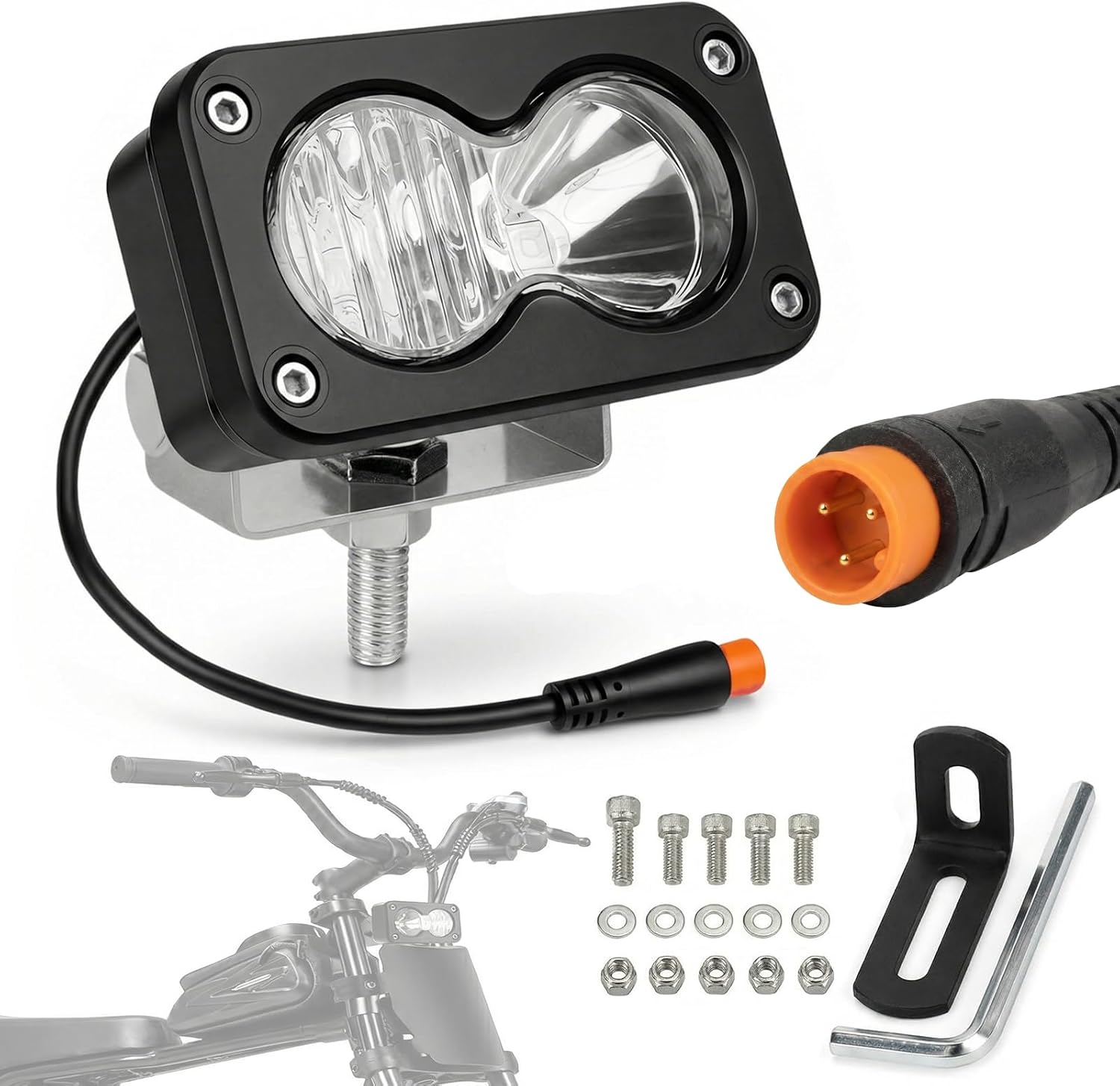 Baja Style Ebike Headlight for Ridstar Q20, 3-Pin Julet Plug Front Lamp Kit | For Q20 Lite and Q20 Pro 12V-60V Wide Voltage Waterproof Spot Flood Light Dual Bracket Mounts Check Plug Before Ordering