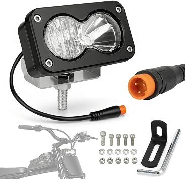 Baja Style Ebike Headlight for Ridstar Q20, 3-Pin Julet Plug Front Lamp Kit | For Q20 Lite and Q20 Pro 12V-60V Wide Voltage Waterproof Spot Flood Light Dual Bracket Mounts Check Plug Before Ordering