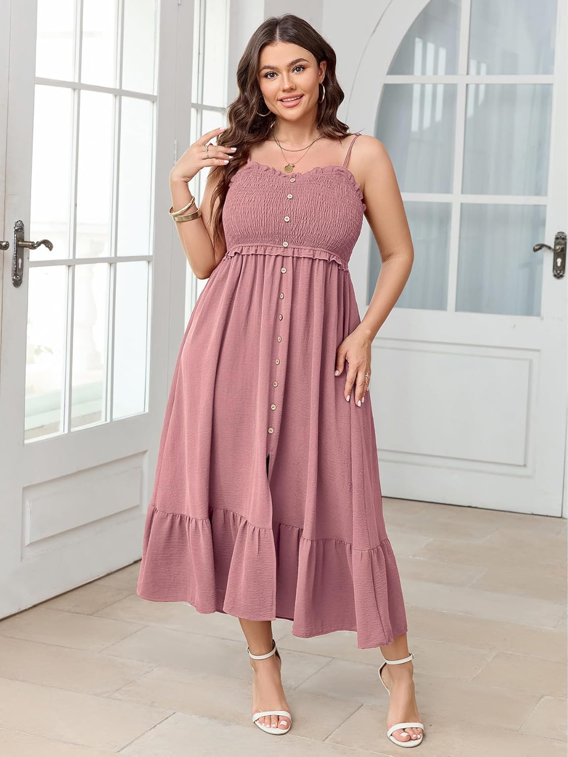 SCOMCHIC Womens Plus Size Summer Dresses Sleeveless Spaghetti Strap Button Down Smocked Beach Long Maxi Dress with Slit - Image 3