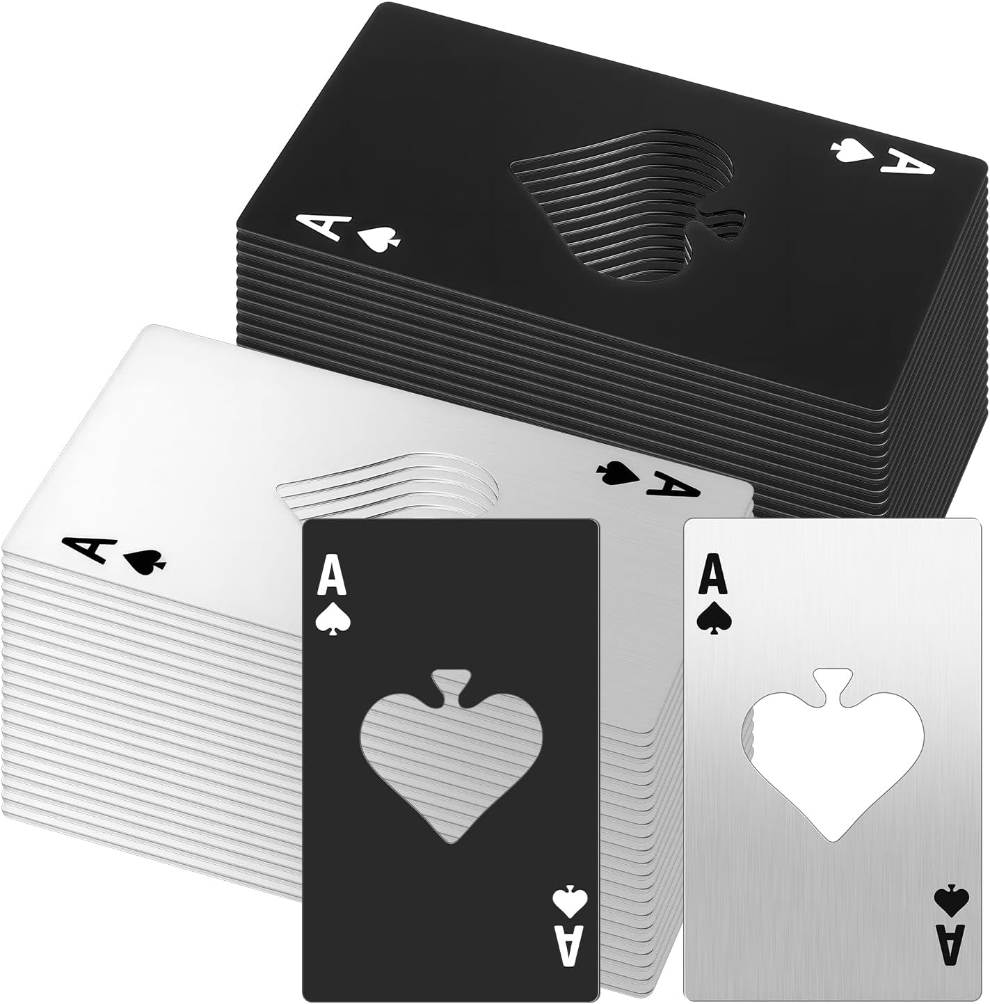 SHENLIU 60 Pcs Poker Card Bottle Openers, Stainless Steel Funny Poker Cards Beer Ace Card Bottle Cap Openers for Wedding Birthday Party Bridal Shower Table Tools Supplies(Silver, Black)