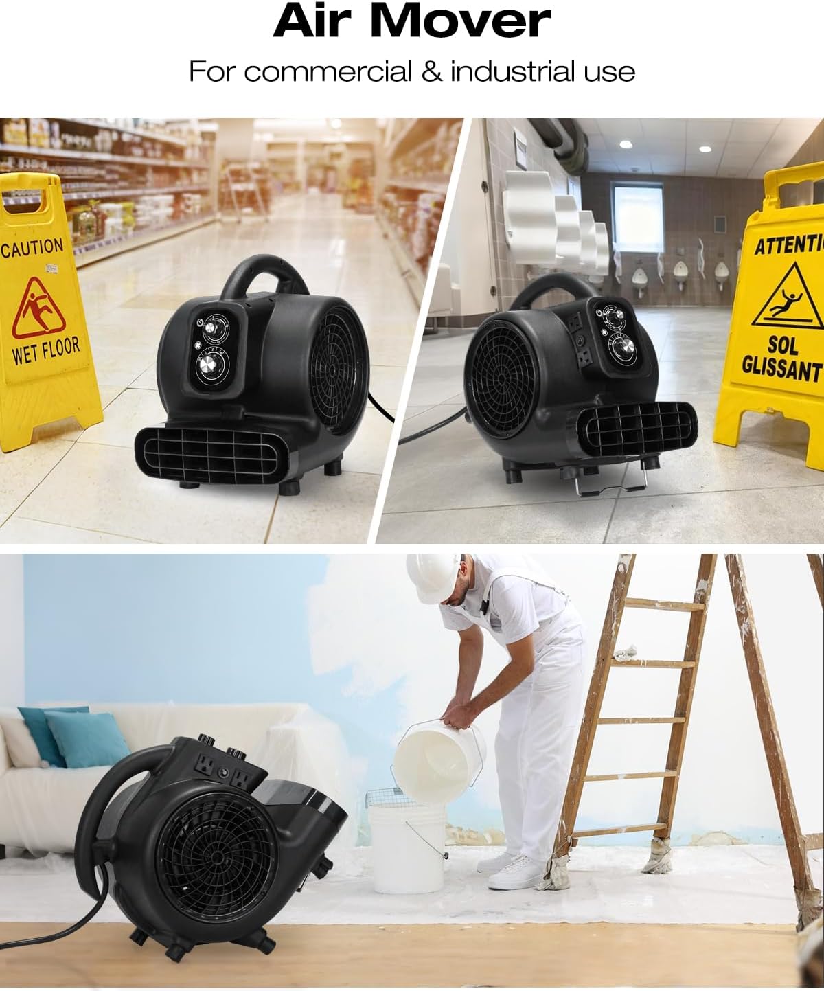 Air Mover Blower Fan, 1/3 HP 2000CFM Carpet Dryer, 3 Speeds Floor Blower Fan with Timer and 4 Adjustable Angles, Stackable, for Janitorial, Home and Commercial Use, Black