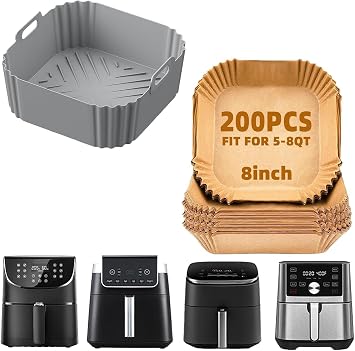LYHOLKEER 8.8inch Square Reusable Silicone Air Fryer Liners for 5-8QT and 200Pcs 8IN Air Fryer Liners Disposable Parchment Paper for 5-8QT